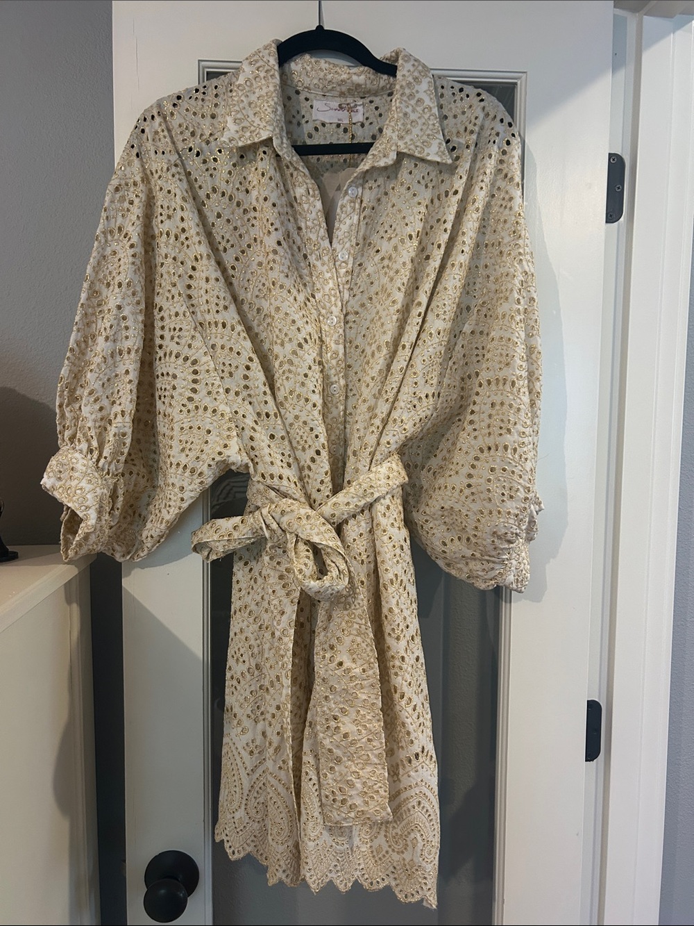 Eyelet Tie-Waist Long Sleeve Dress in Cream